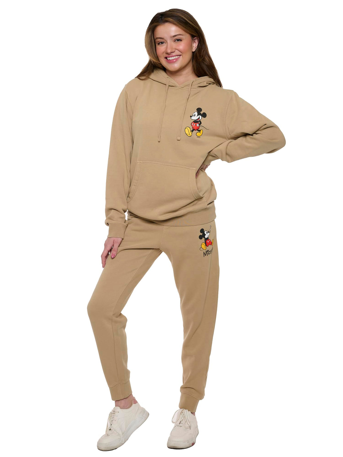Disney Womens Mickey Mouse Hoodie and Jogger Matching 2 Piece Set Sweatsuit Mineral Wash (Beige Large)