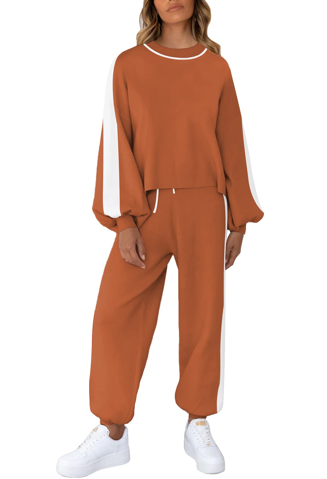 Viottiset Womens 2 Piece Outfits Sweatsuit Casual Knit Pullover Sweater Pajamas Set Color Block Brown Small