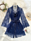 Sexy Elegant Pure Color Mesh Nightgown Set Transparent Lace Robe Sleepwear Casual Comfortable Women's pajamas