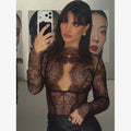 Women Sexy Lace Reflective One-piece Suit Chic Hollow-out Long Sleeve See Through Set 2026 Fashion Lady Street Party Club Outfit