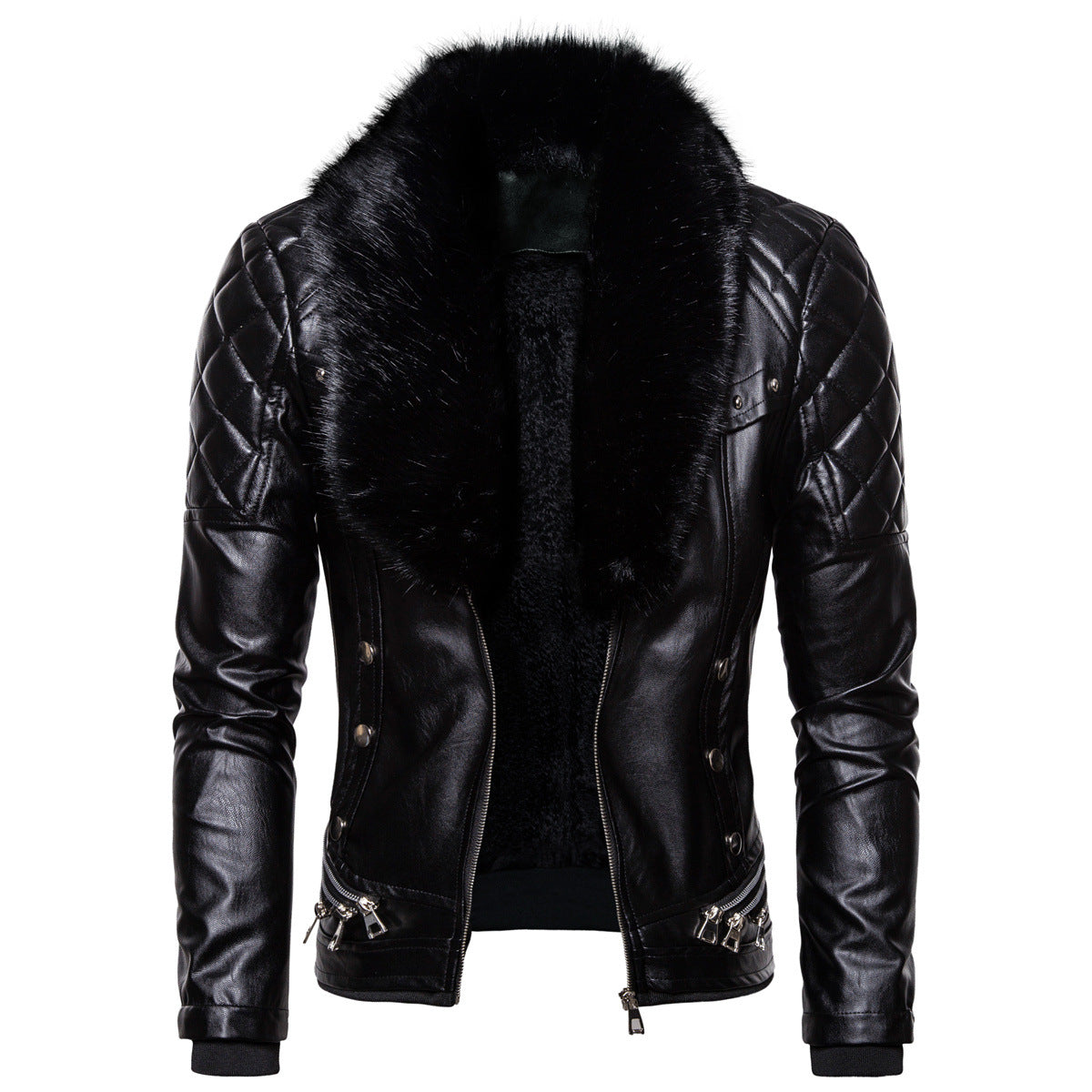 Stylish Solid Color Men's Leather Jacket with Fur Collar