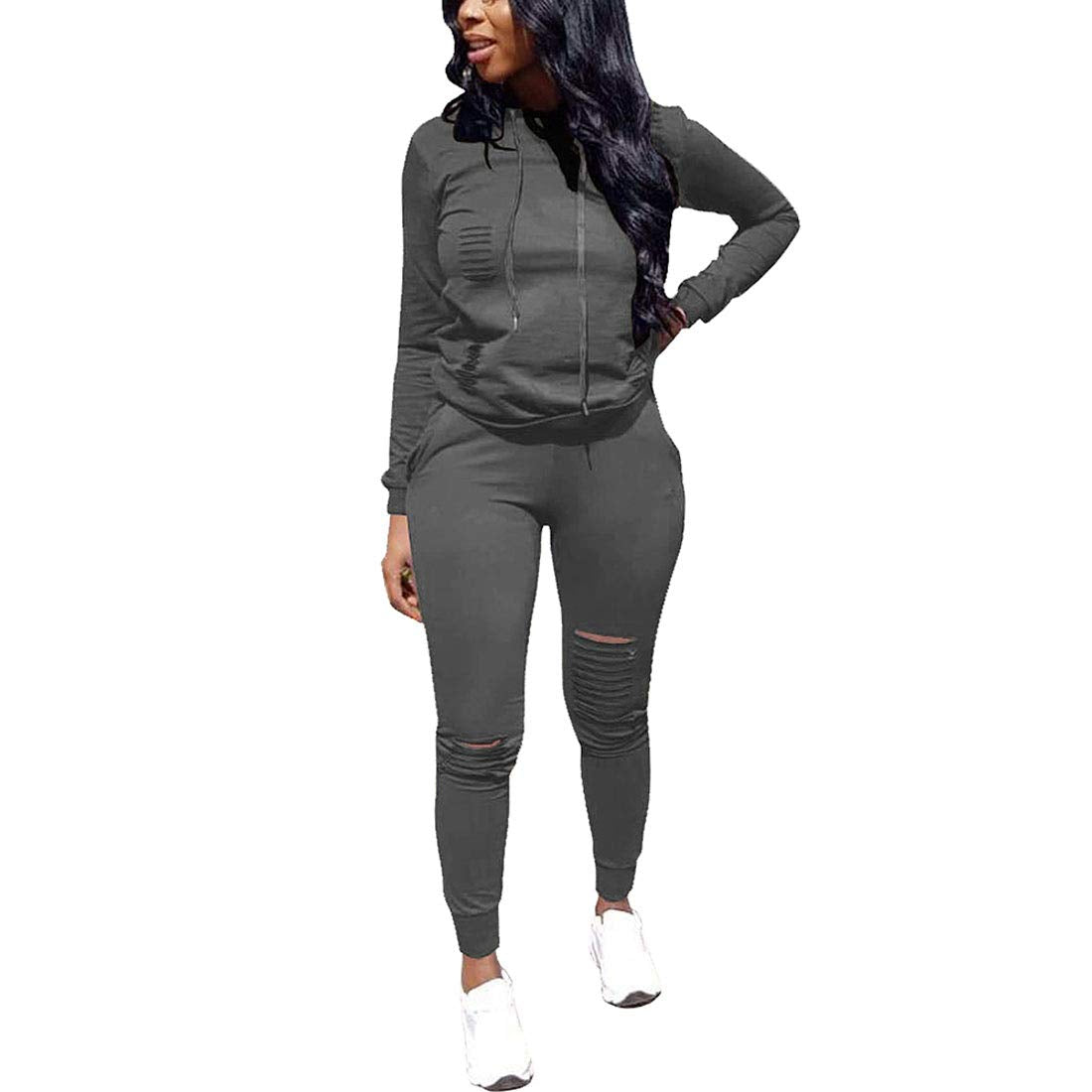 Nimsruc Womens Two Piece Outfits Casual Long Sleeve Sweatsuit Tracksuit Pant Sets Dark Gray L